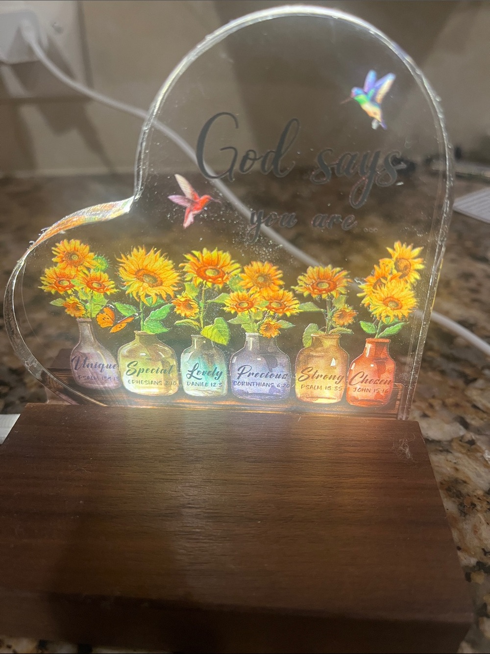 Heart Acrylic glass  Plaque with Sunflower Vases and Hummingbirds - Yellow